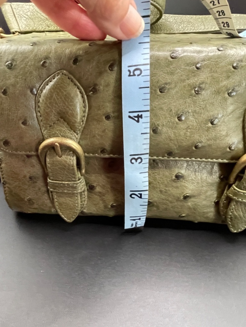 Vintage SMK Faux Ostrich Leather Olive Green Box Purse Handbag Cosmetic Case - Picture 10 of 15